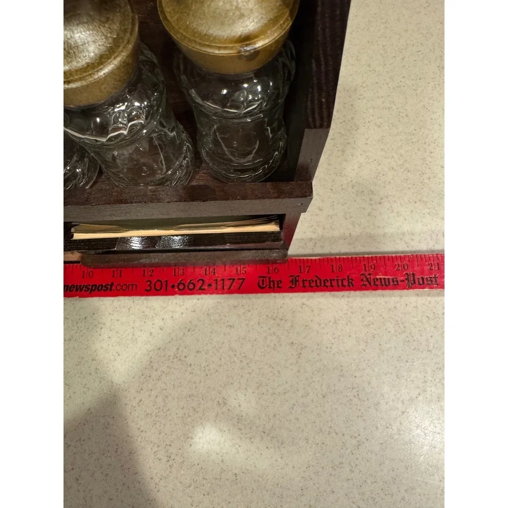 Vintage Wooden Spice Rack Spice Bottles, Salt Pepper Mill, Recipe Box, Utensils